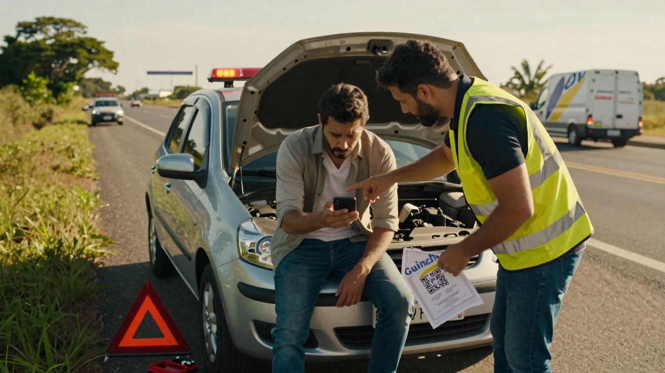 Homem parado na estrada consulta celular, enquanto outro com colete amarelo aponta e entrega papel perto de carro quebrado.