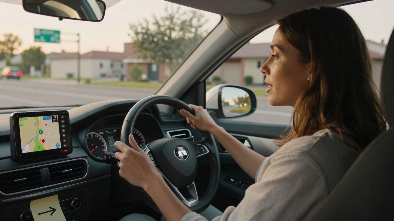 Mulher dirigindo carro com sistema de navegação GPS visível no painel, em área urbana durante o dia.
