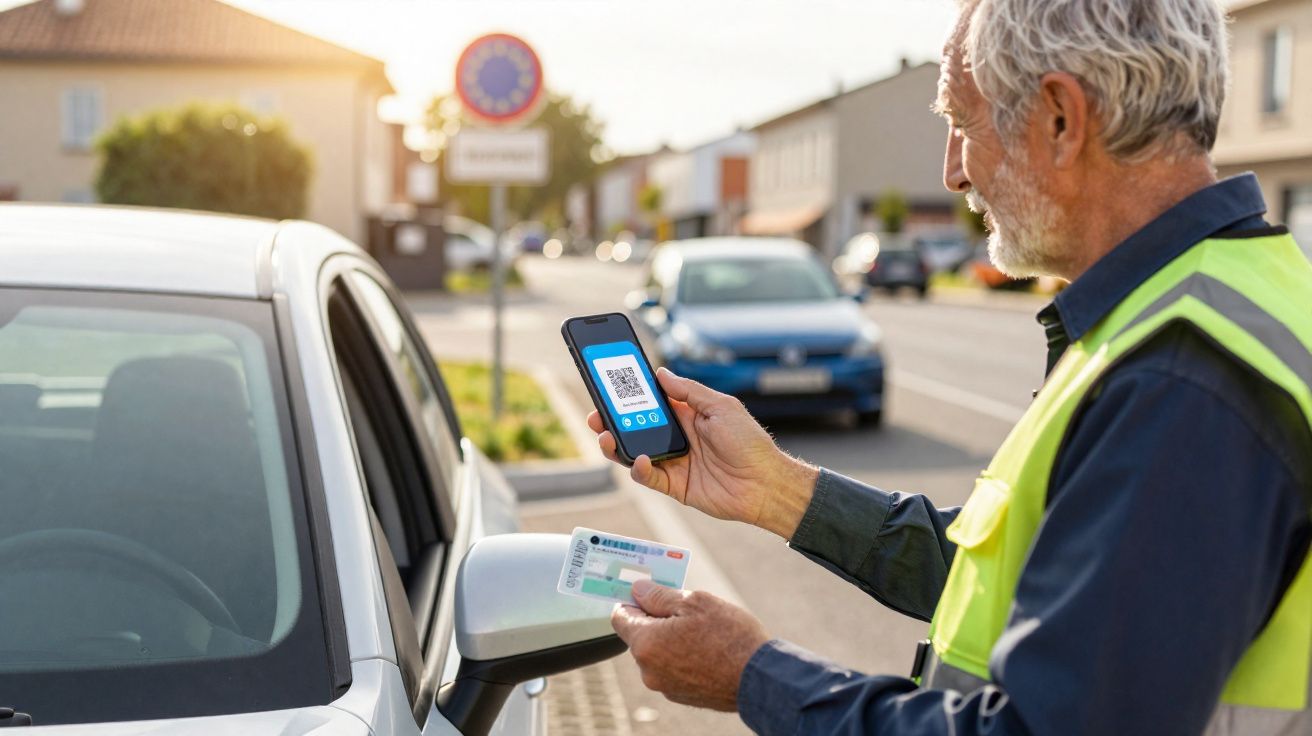 Homem em colete refletivo confere documento com QR code no celular ao lado de carro branco estacionado.