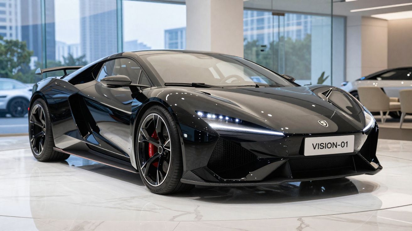 Carro esportivo preto, modelo Vision-01, exibido em ambiente interno moderno e iluminado.