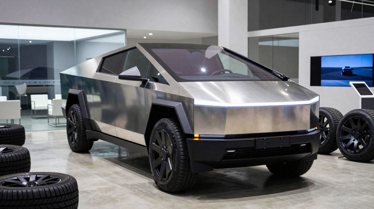 Veículo futurista elétrico prateado com design angular exposto em showroom moderno.