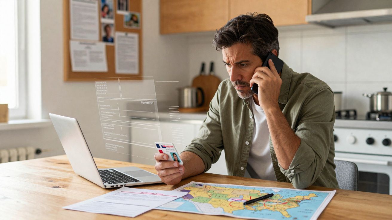 Homem adulto em cozinha analisando documentos, segurando cartão e falando ao telefone.