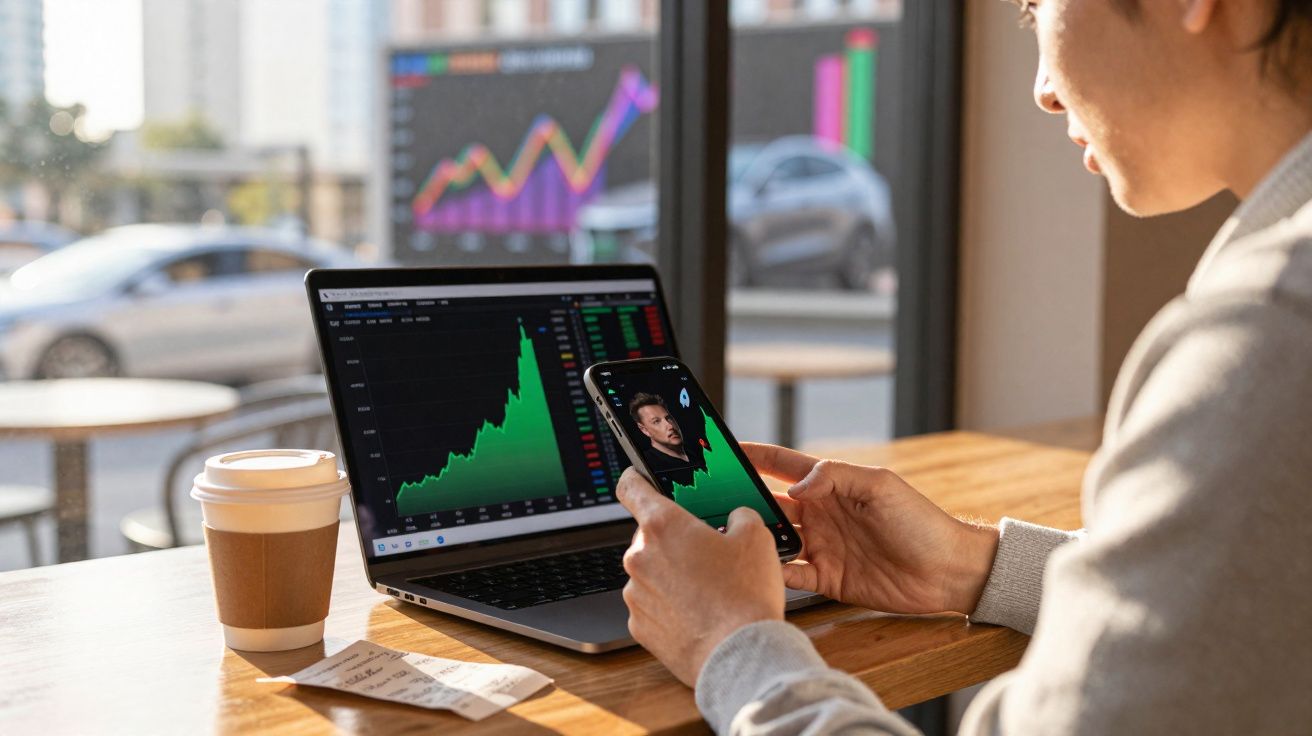 Pessoa com celular e laptop mostrando gráficos financeiros verdes em café com luz natural.