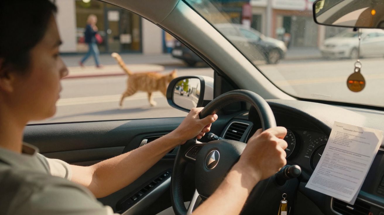 Pessoa dirigindo carro com gato laranja atravessando a rua à frente em dia claro na cidade.