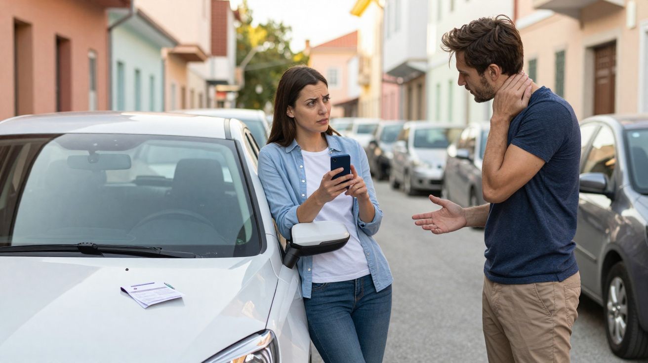 Jovem mulher segura celular e conversa com homem em rua, ao lado de carro branco com multa no capô.