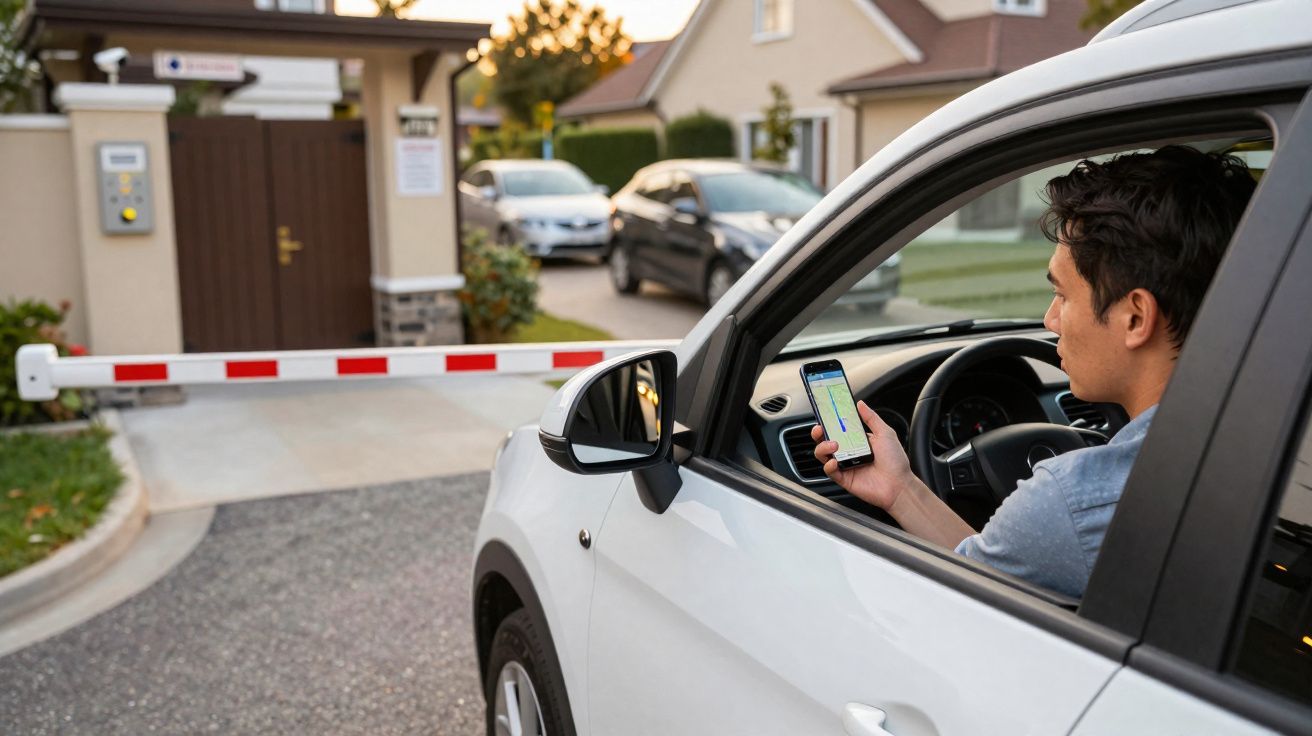 Homem em carro branco usa celular para liberar cancela em entrada residencial durante o dia.