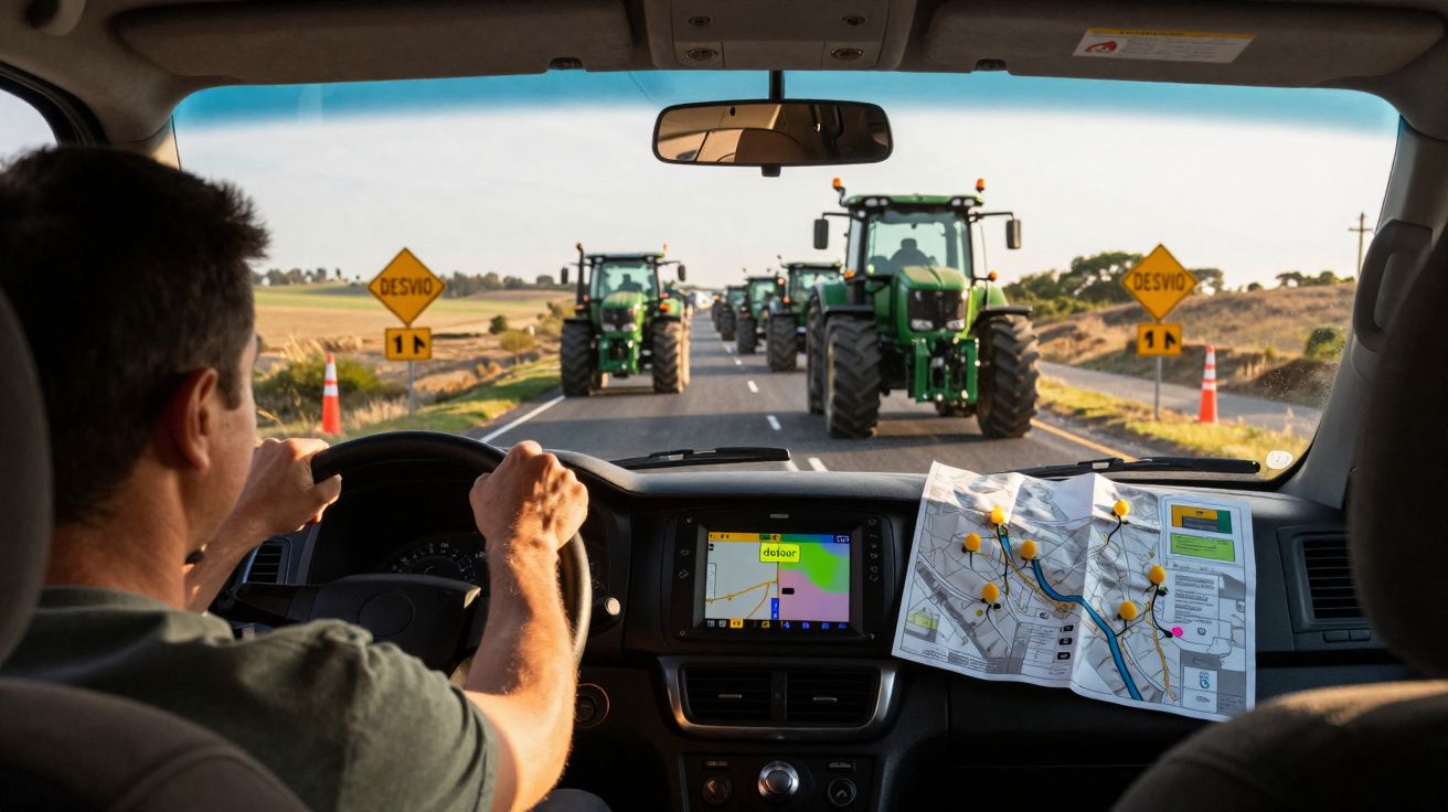 Motorista observa tratores bloqueando estrada durante desvio indicado por sinalização amarela.