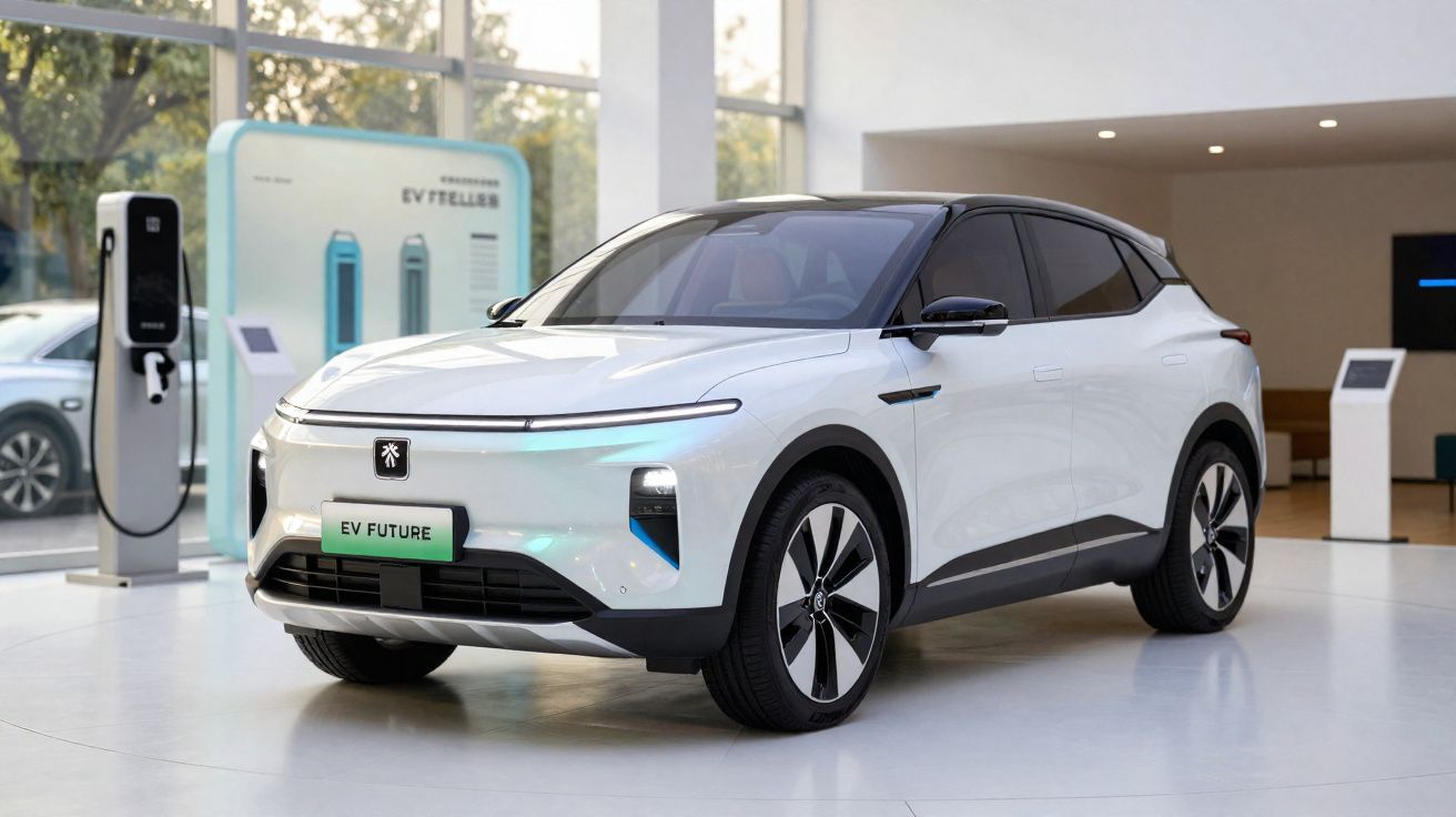 Carro elétrico branco modelo SUV EV Future exibido em showroom moderno com carregador ao fundo.