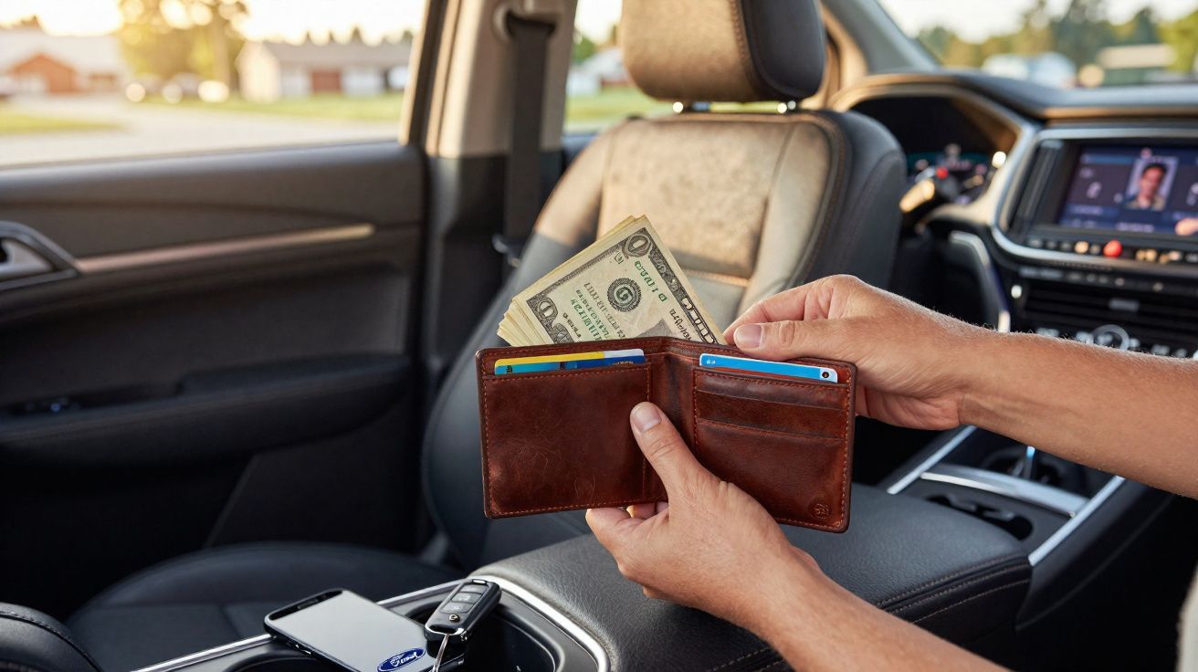 Pessoa segurando carteira marrom com dinheiro dentro dentro de carro moderno estacionado.