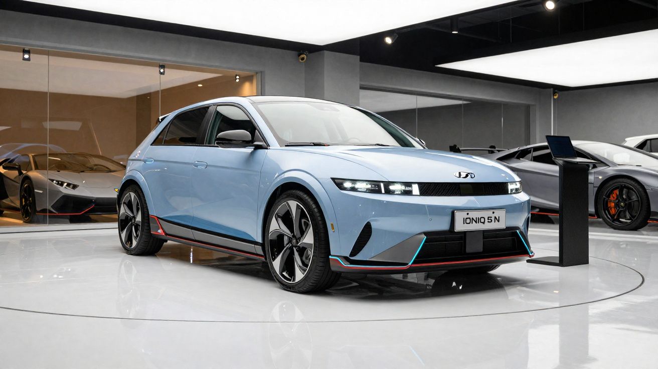 Carro elétrico Hyundai Ioniq 5 N azul exposto em showroom moderno com veículos esportivos ao fundo.