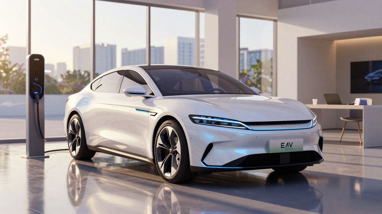 Carro elétrico branco estacionado e carregando em estação interna moderna com janelas amplas e vista urbana.