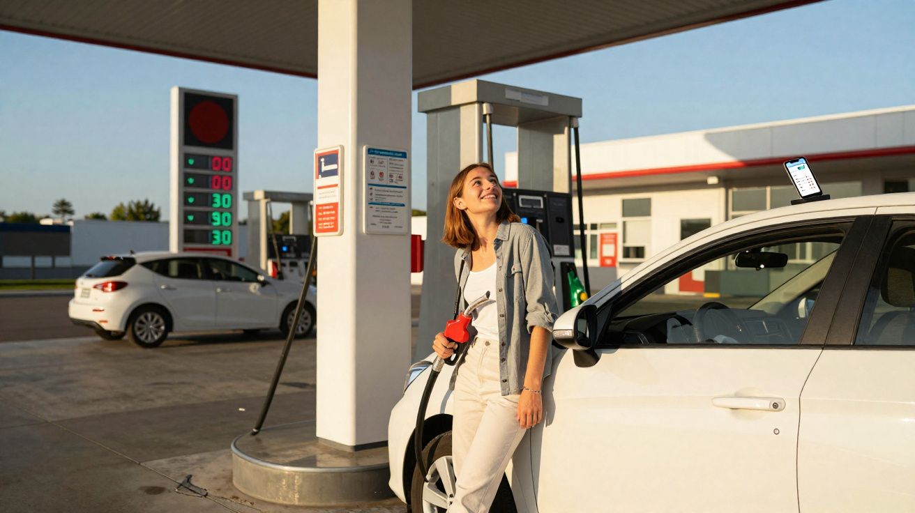 Mulher jovem abastecendo carro branco em posto de gasolina ensolarado com celular apoiado no teto do carro.