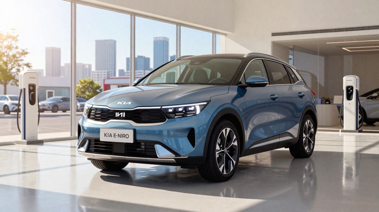 Carro elétrico azul Kia E-Niro estacionado em showroom moderno com estações de recarga ao fundo.
