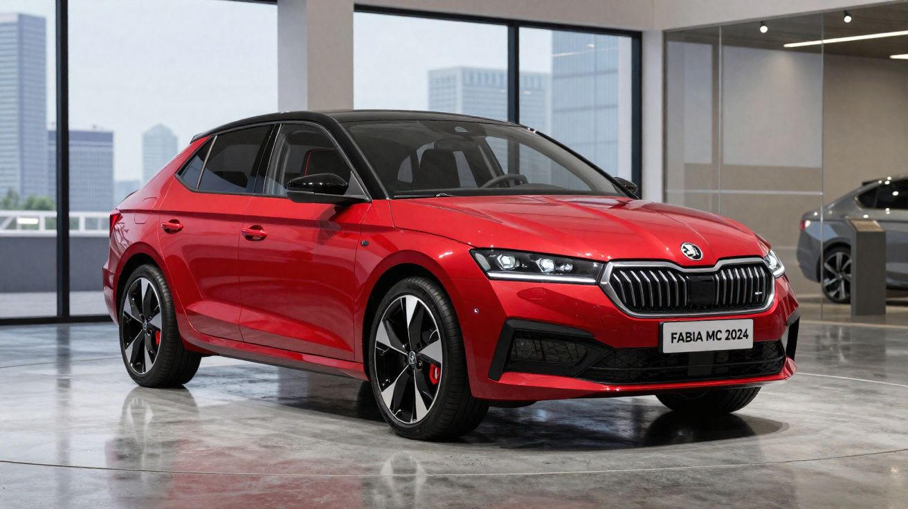 Carro vermelho modelo Skoda Fabia MC 2024 estacionado em showroom com janelas grandes ao fundo.