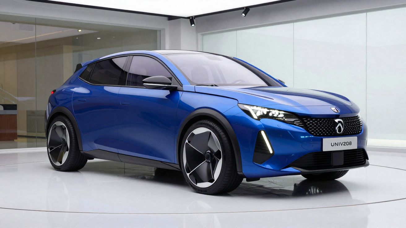 Carro elétrico azul modelo UNIV208 em exposição moderna com piso branco e paredes de vidro.