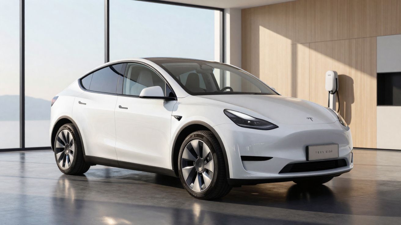 Carro elétrico branco Tesla Model Y estacionado em ambiente interno com carregador na parede.