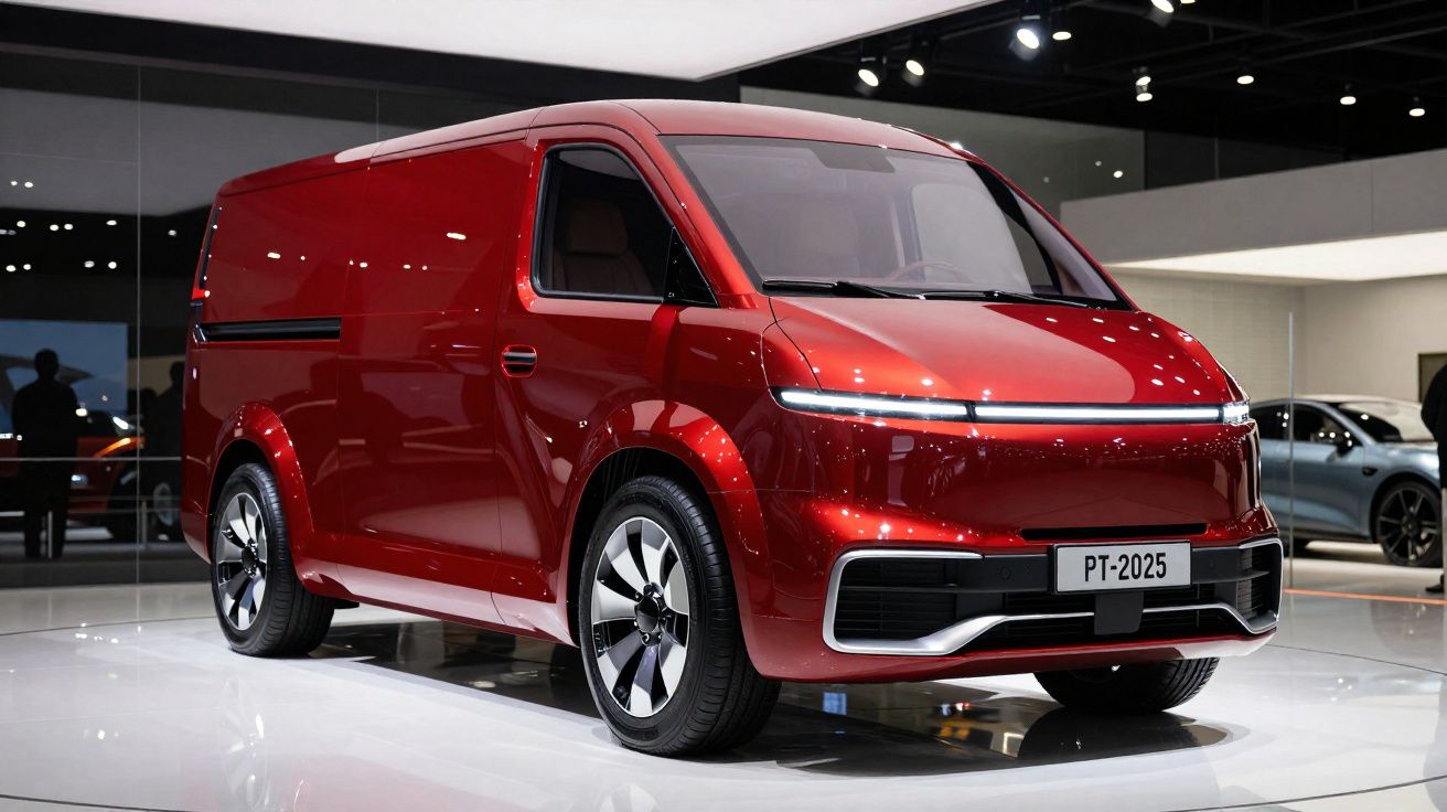 Van elétrica vermelha futurista estacionada em salão de automóveis moderno, com luzes refletidas no teto.