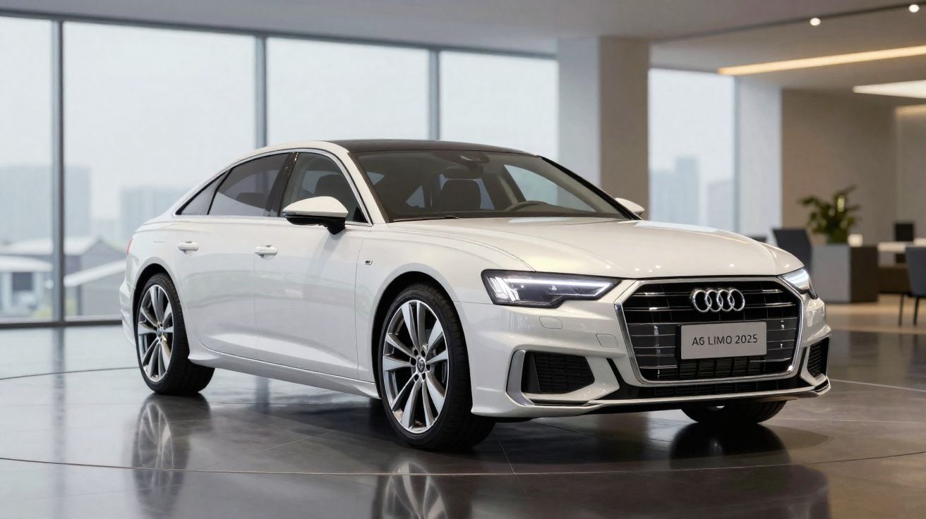 Carro sedan branco Audi AG Limo 2025 em ambiente interno moderno com piso refletivo.