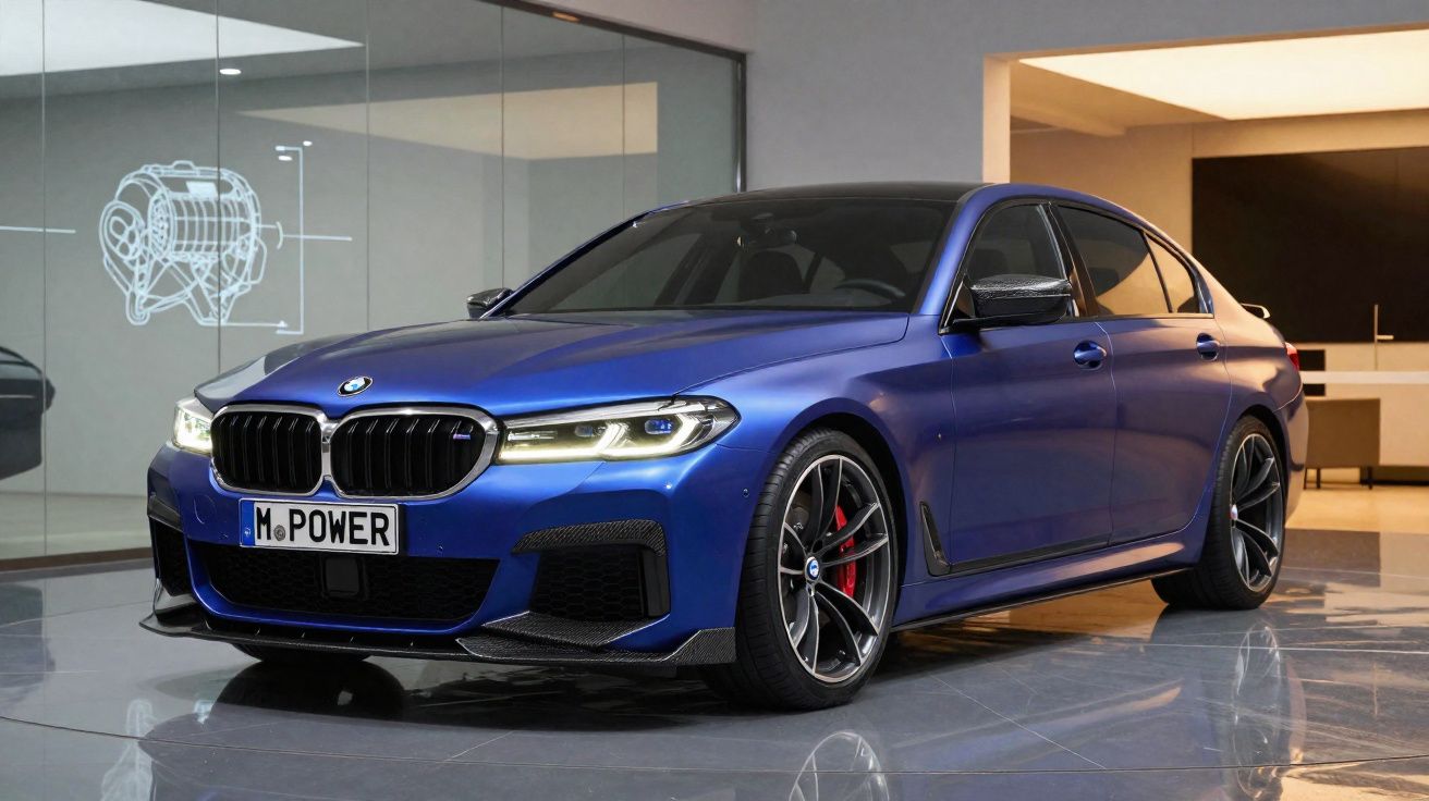 BMW sedã azul metálico em ambiente interno moderno com placa personalizada "M POWER".