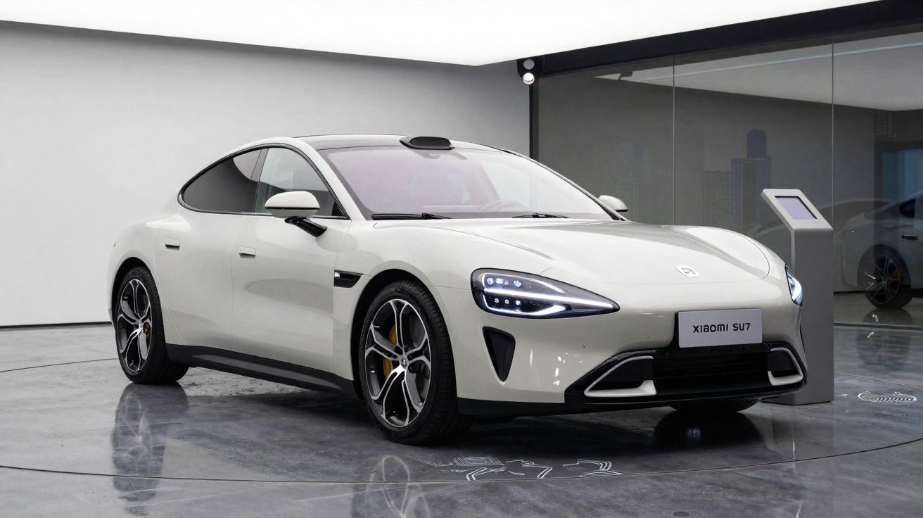 Carro elétrico branco Xiaomi SU7 em exposição dentro de showroom moderno e minimalista.