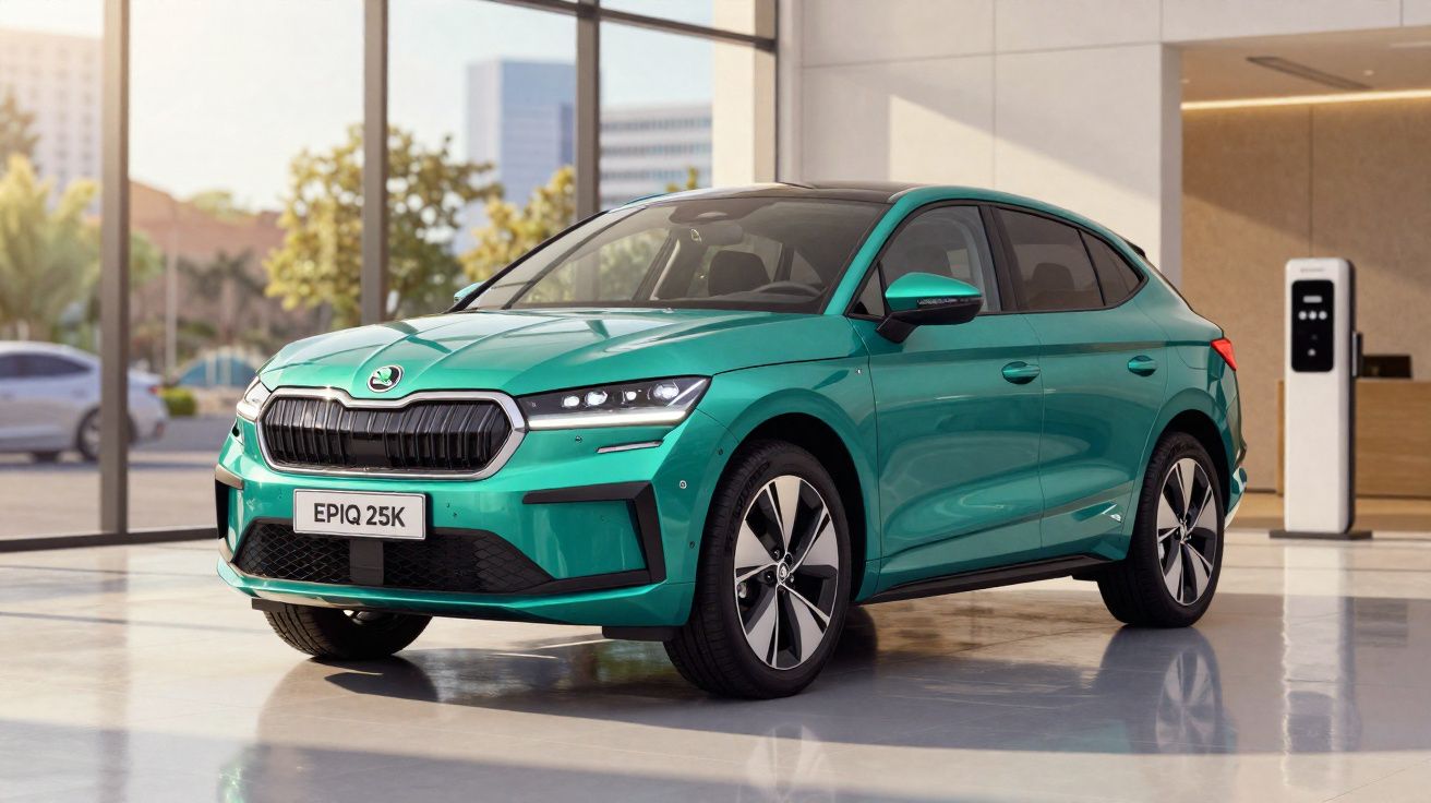 Carro elétrico verde Skoda EPIQ 25K estacionado em showroom moderno com carregador ao fundo.