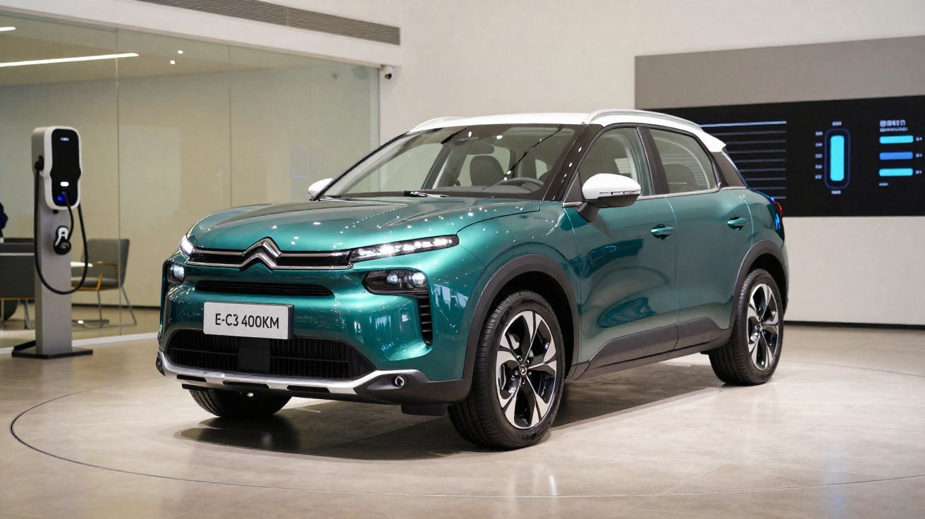 Carro elétrico Citroën E-C3 verde exibido em showroom moderno com estação de recarga ao fundo.