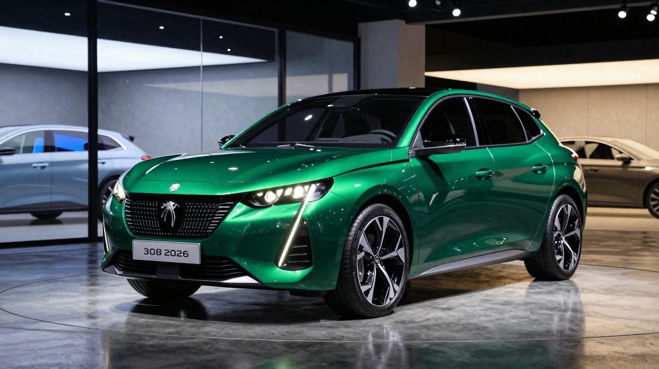 Carro esportivo Peugeot 308 verde metálico estacionado em showroom moderno com iluminação artificial.