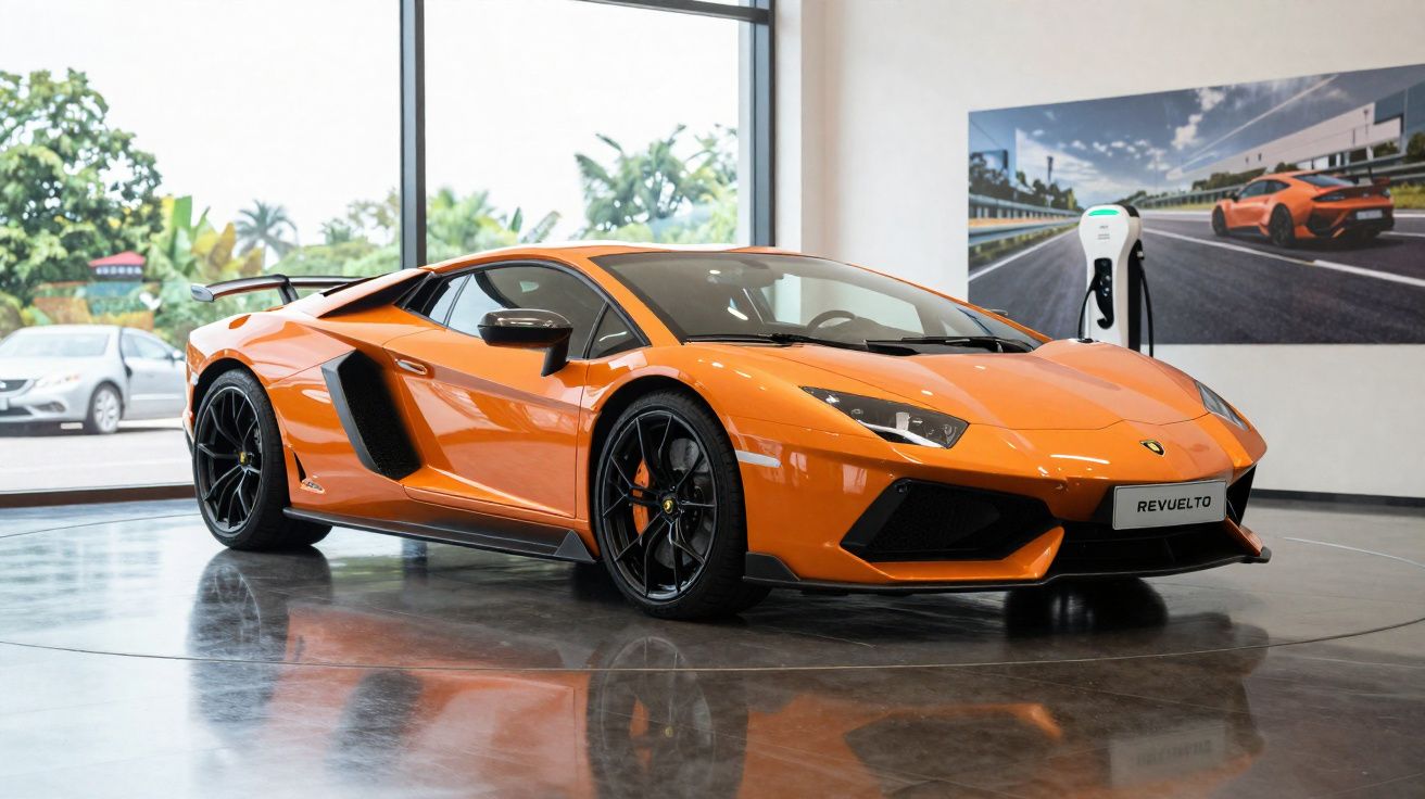 Carro esportivo laranja estacionado em showroom com piso refletivo e carregador elétrico ao fundo.