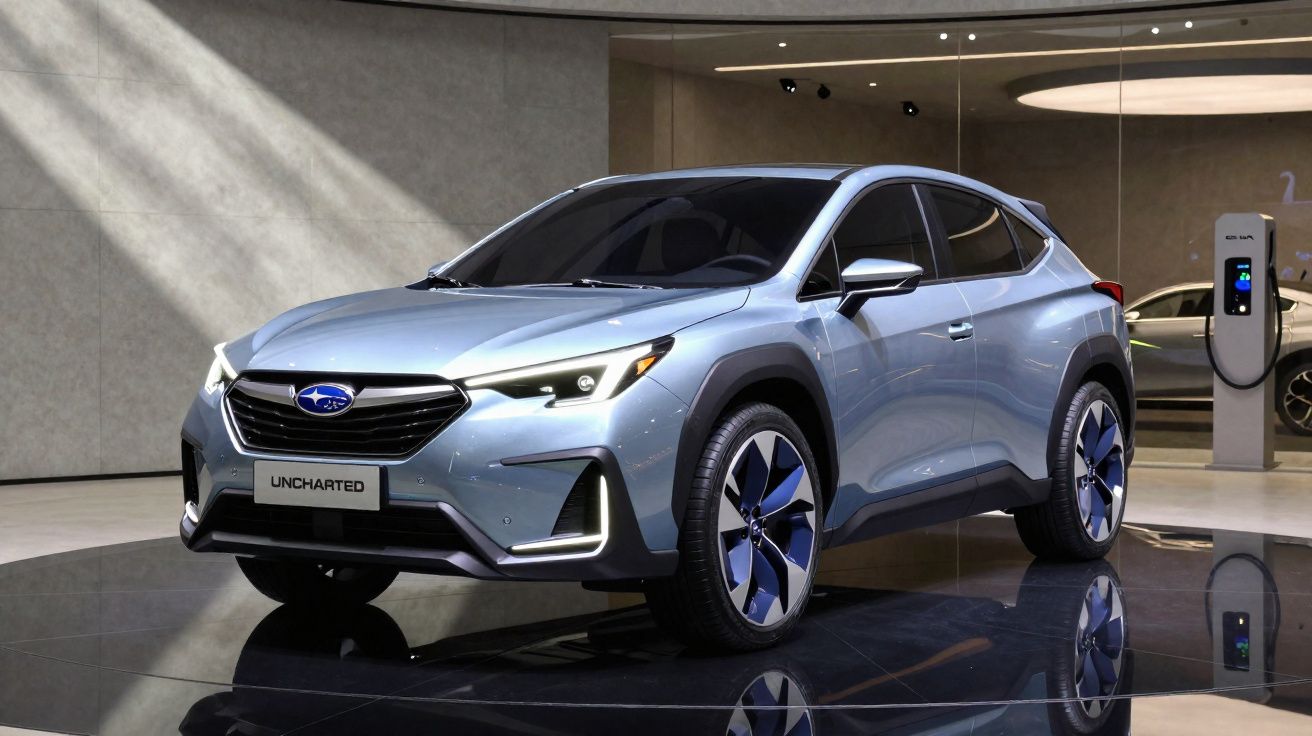 Carro elétrico Subaru Uncharted prata em exposição, com carregador ao fundo em ambiente moderno.