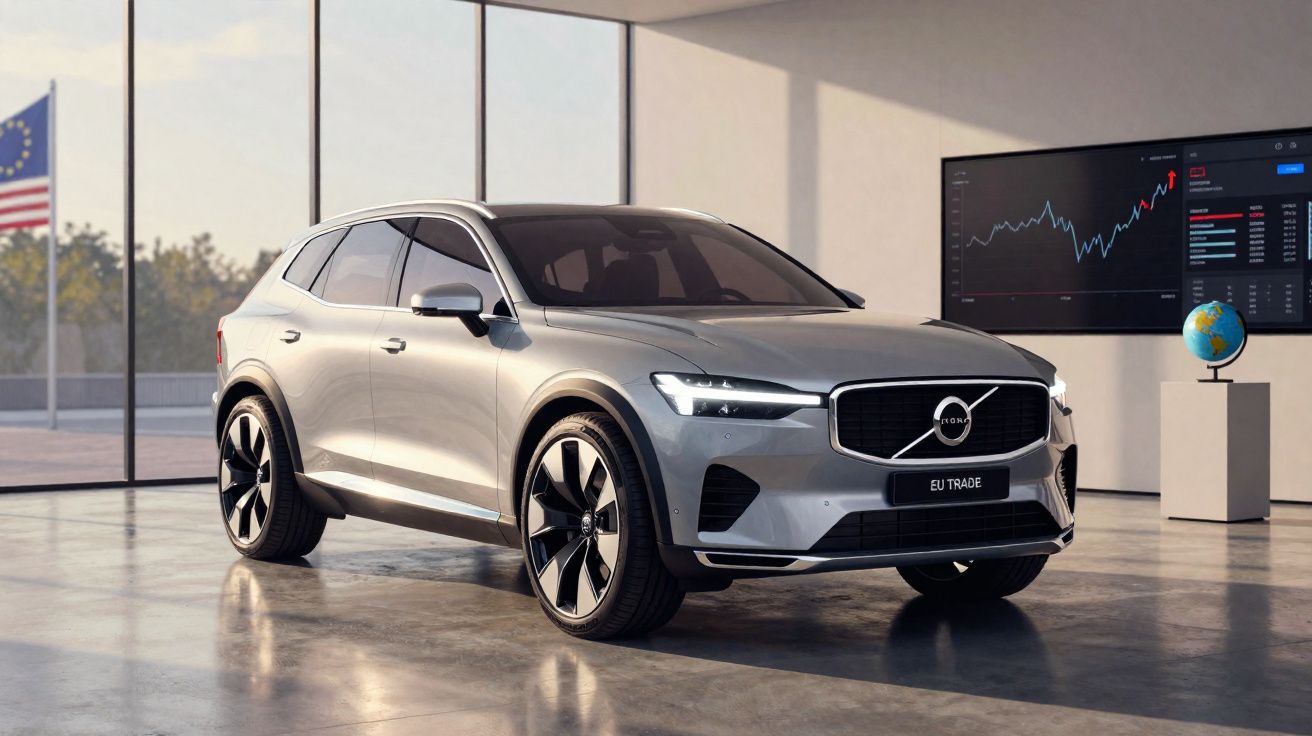 SUV Volvo prata estacionado em ambiente moderno com parede de vidro, bandeira da União Europeia e tela com gráfico financeiro