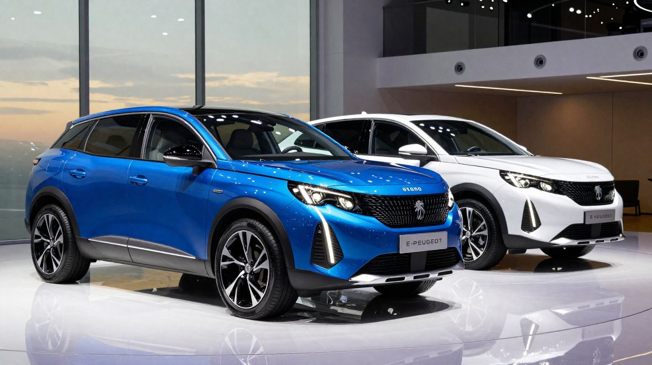 Dois carros SUVs Peugeot elétricos expostos, um azul e um branco, em ambiente interno moderno.