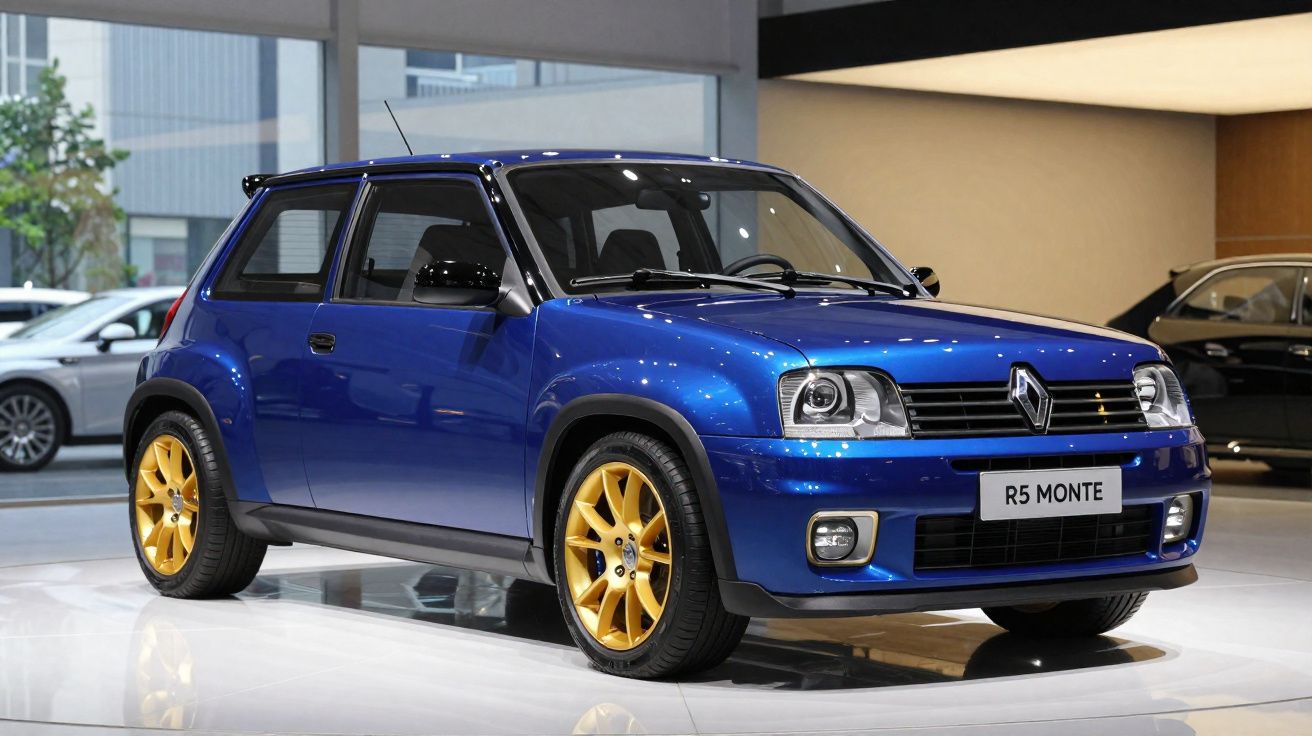 Carro Renault R5 Monte azul com rodas douradas exibido em salão automotivo moderno.
