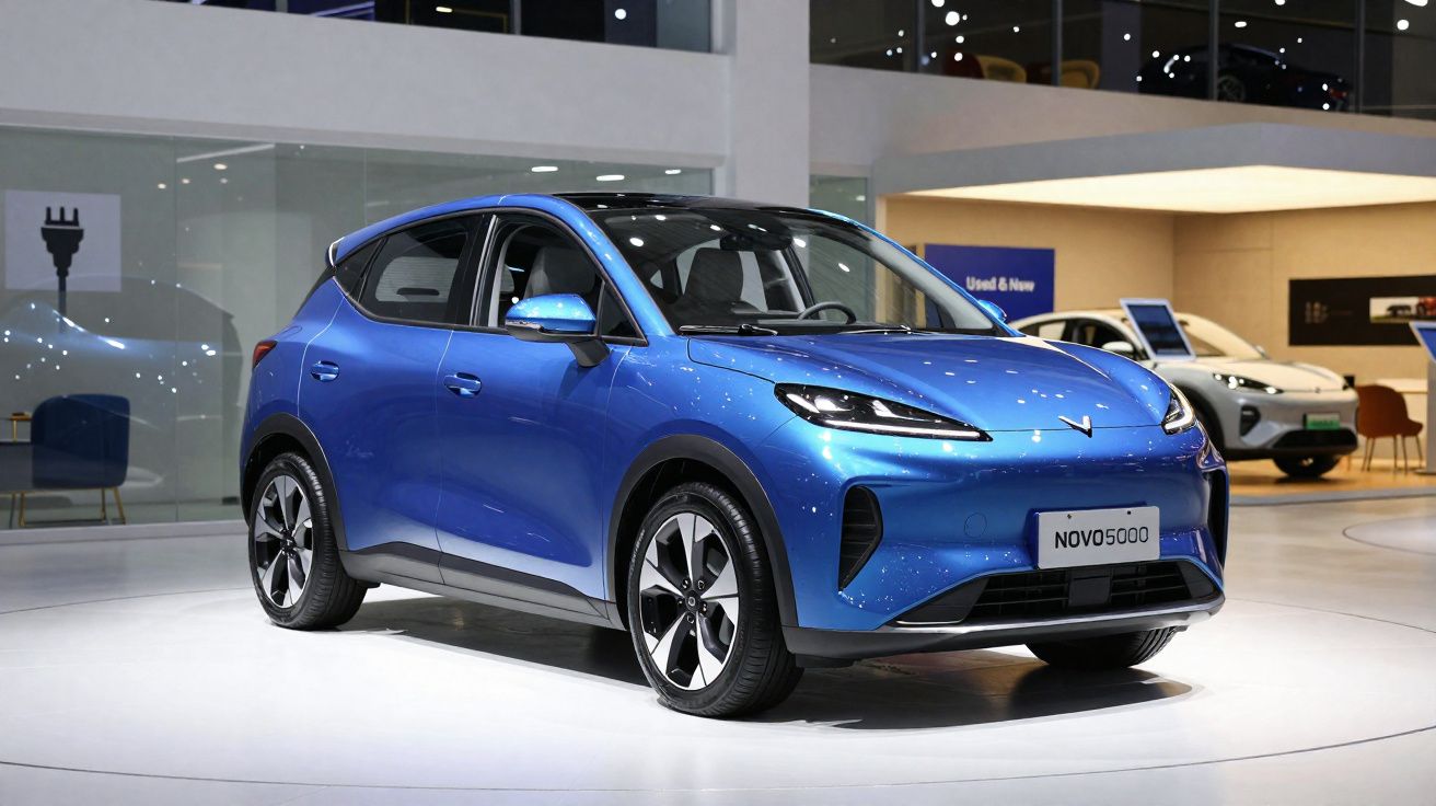 Carro elétrico azul modelo NOVO5000 em exposição em ambiente moderno e iluminado.