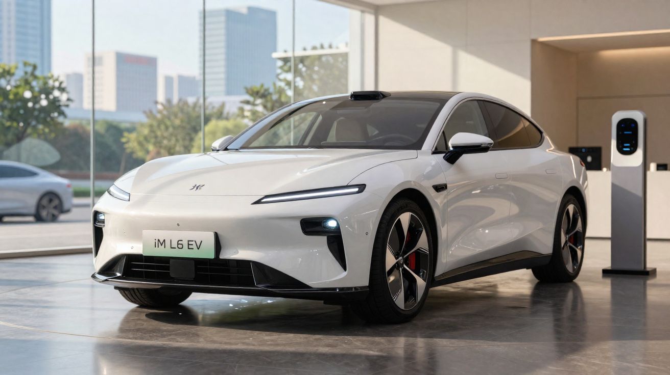 Carro elétrico branco estacionado próximo a carregador em ambiente urbano com prédios ao fundo.