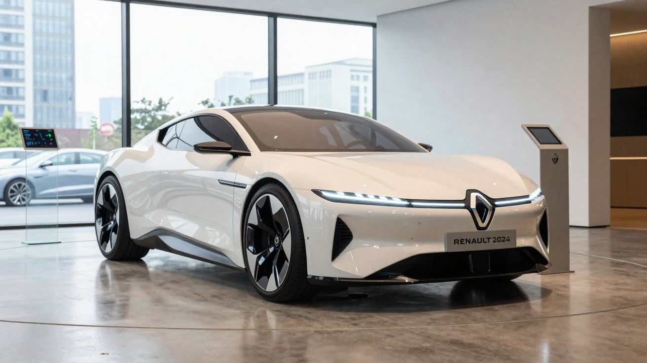 Carro elétrico esportivo branco Renault 2024 em exposição moderna com iluminação natural.