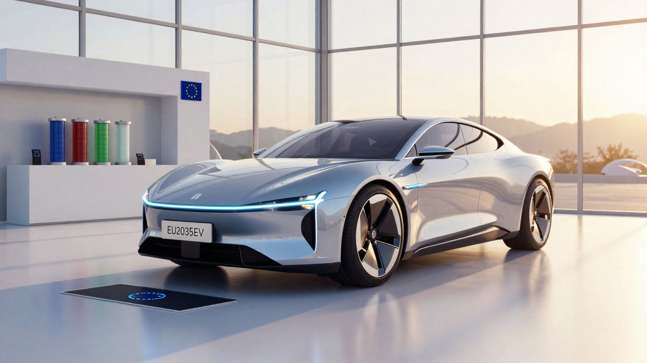 Carro elétrico moderno prata estacionado em ambiente futurista com painel solar ao fundo.