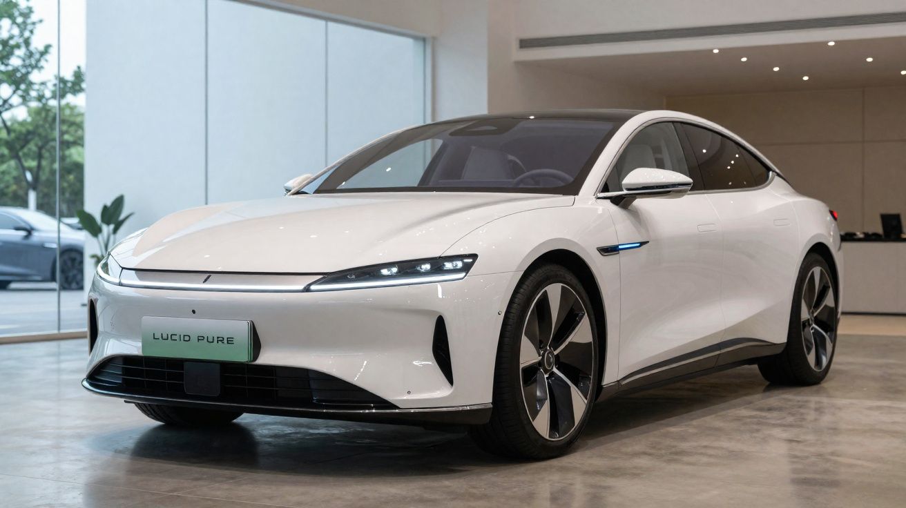 Carro elétrico branco Lucid Pure em exposição dentro de showroom moderno.