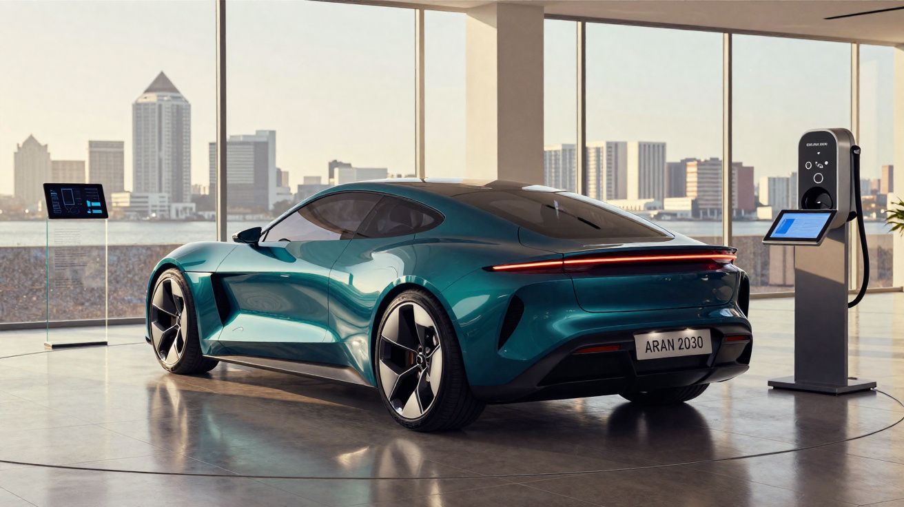 Carro elétrico esportivo azul em showroom moderno com carregador e vista panorâmica da cidade ao fundo.