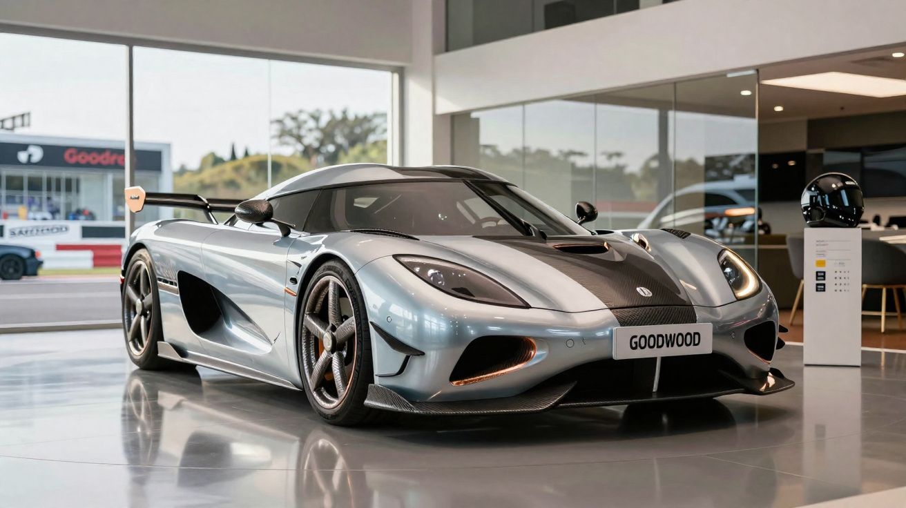 Carro esportivo prata com detalhes em preto exposto em showroom com placa escrito Goodwood.