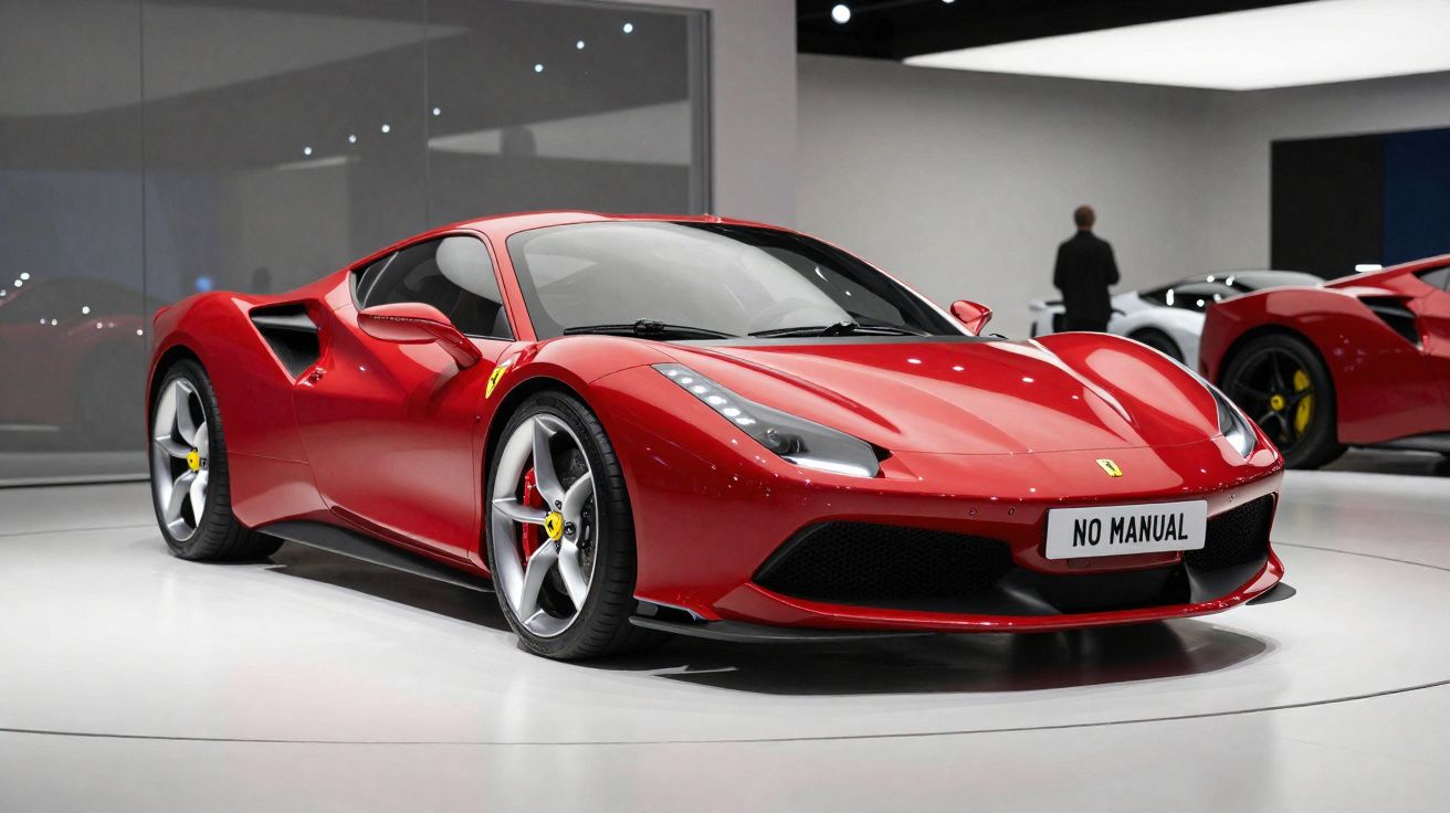 Carro esportivo Ferrari vermelho exibido em salão com placa personalizada "NO MANUAL".