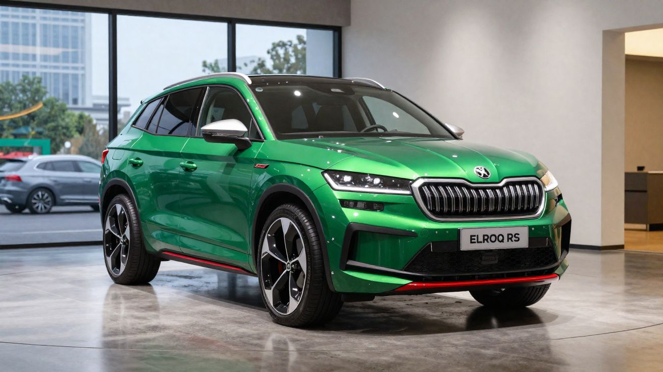 Carro SUV verde Skoda ELROQ RS estacionado em showroom moderno com parede branca.