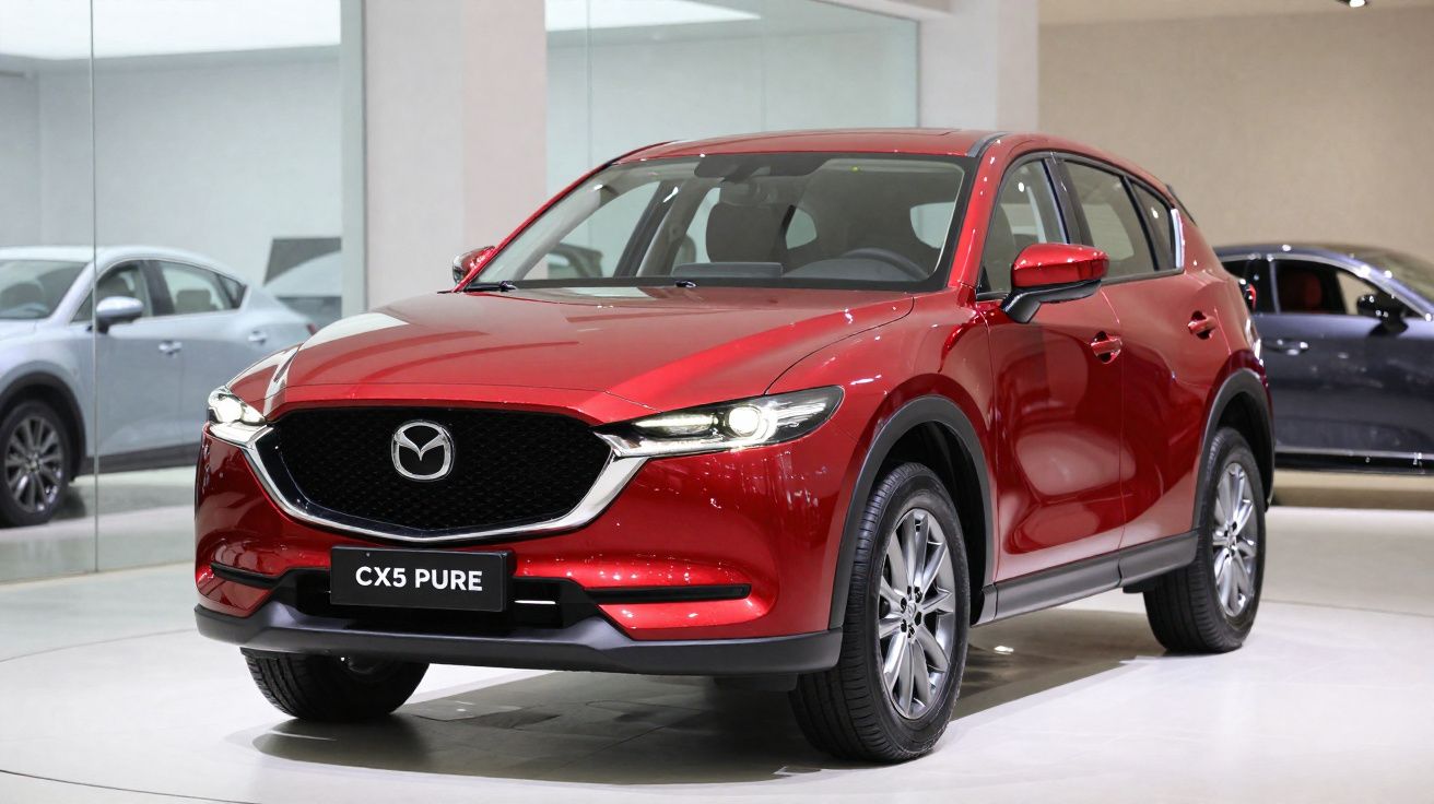 Carro SUV vermelho Mazda CX5 Pure em exposição interna com reflexos no piso branco.