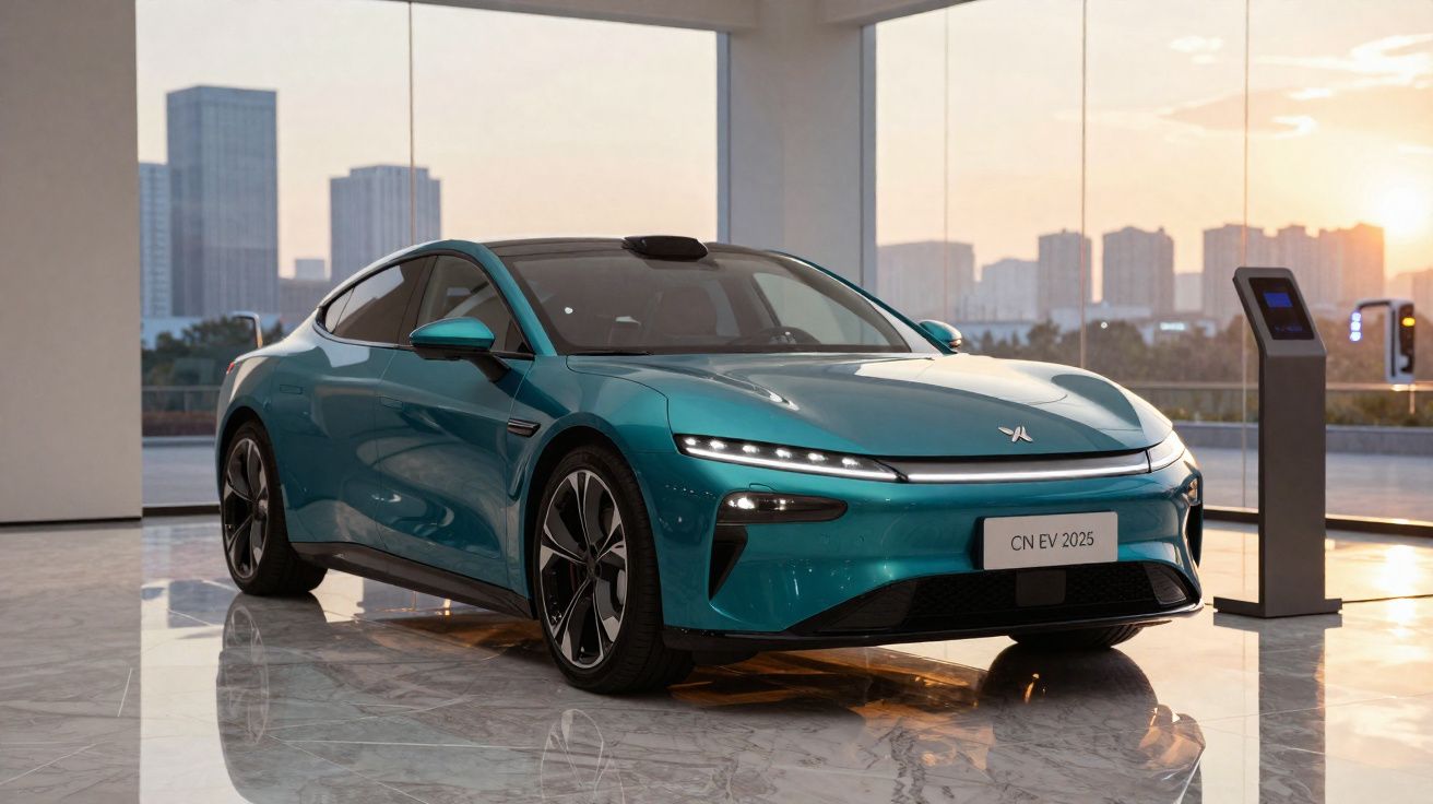 Carro elétrico azul moderno estacionado em ambiente interno com luz natural ao pôr do sol.