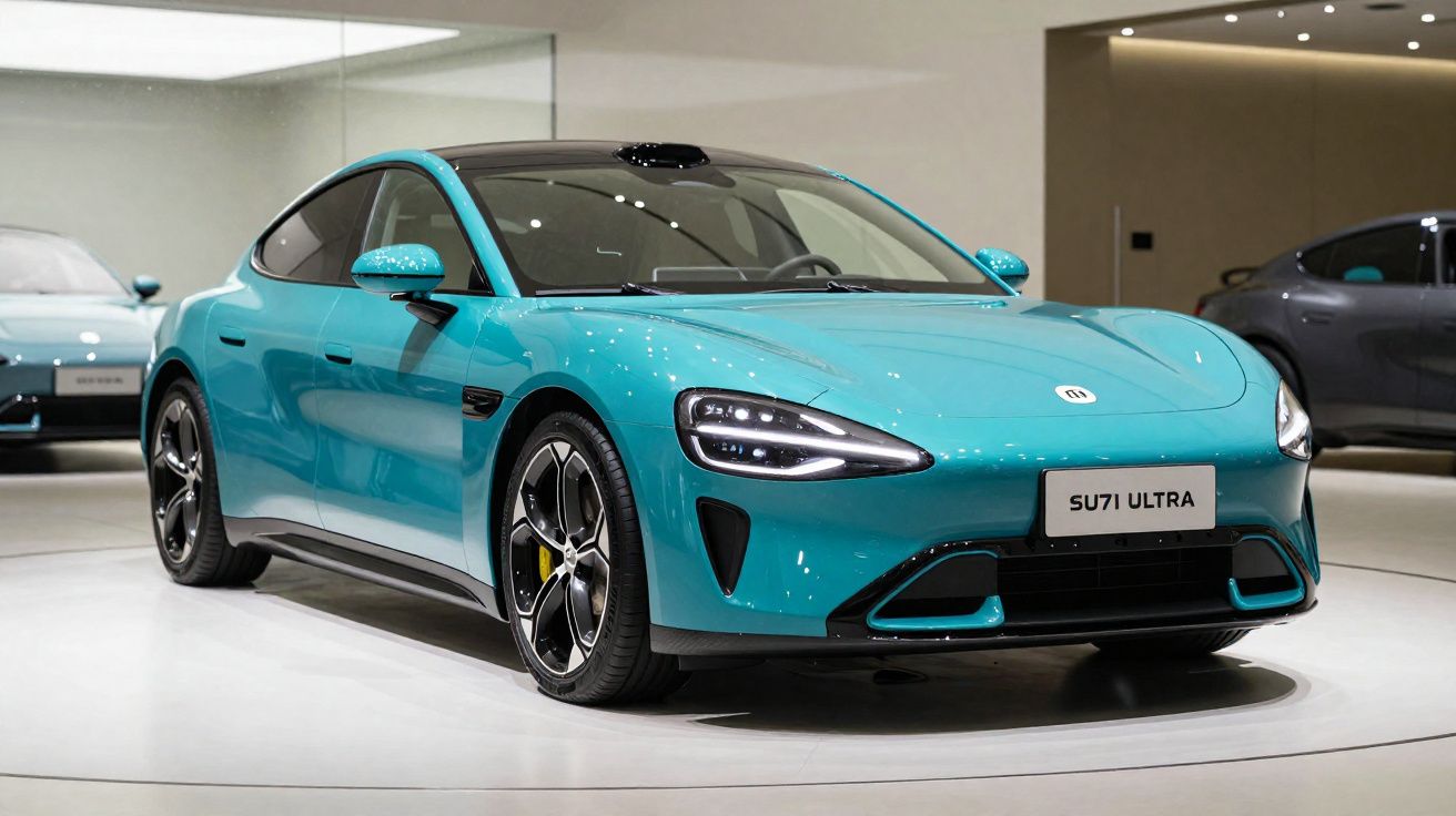 Carro esportivo elétrico azul turquesa modelo SU7I ULTRA em exposição interna.