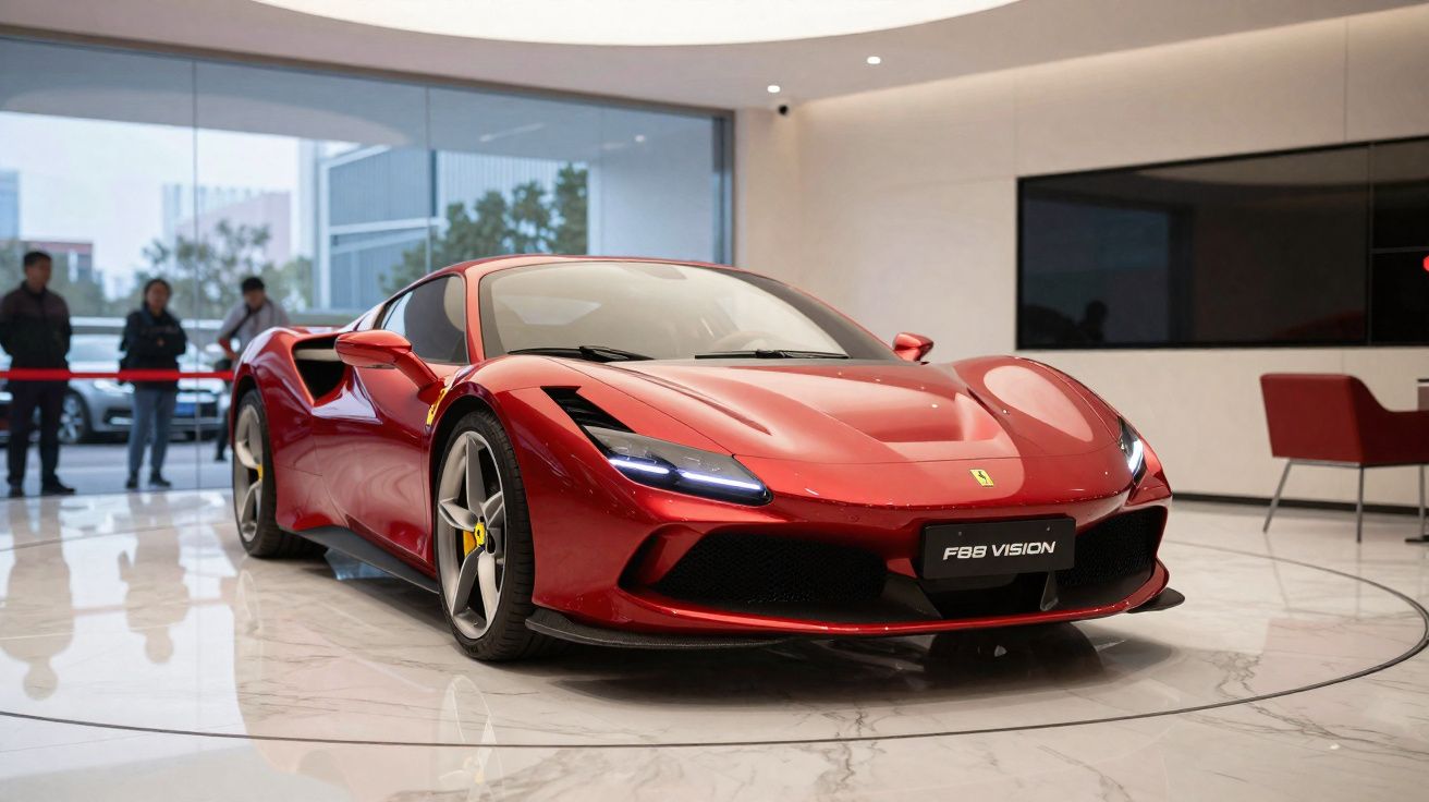 Carro esportivo Ferrari F8 Vision vermelho em exposição dentro de showroom moderno e iluminado.