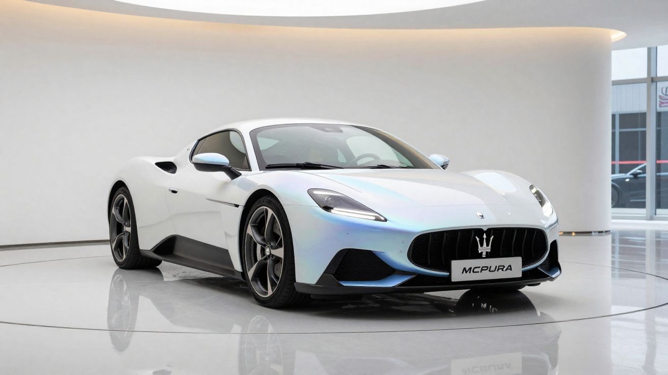 Carro esportivo Maserati McPura branco exibido em ambiente moderno e iluminado.
