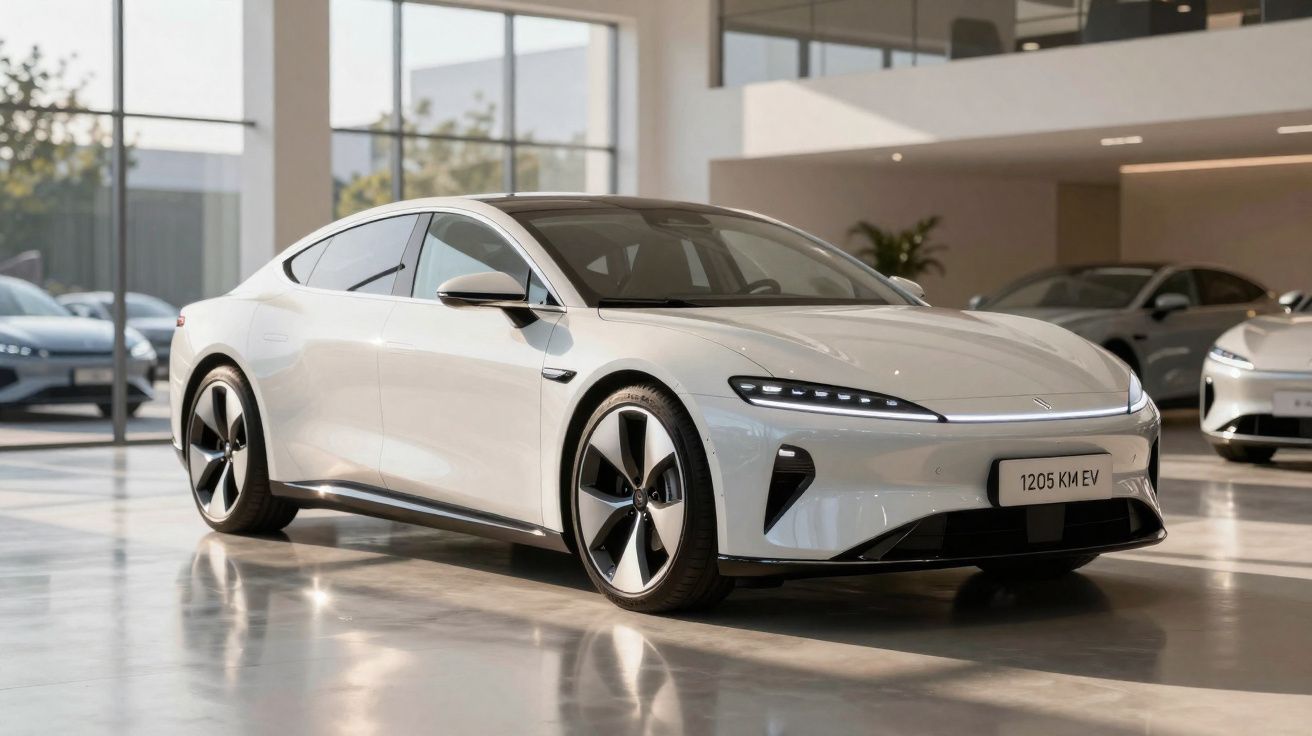 Carro elétrico branco estacionado em showroom moderno com teto alto e outras unidades ao fundo.