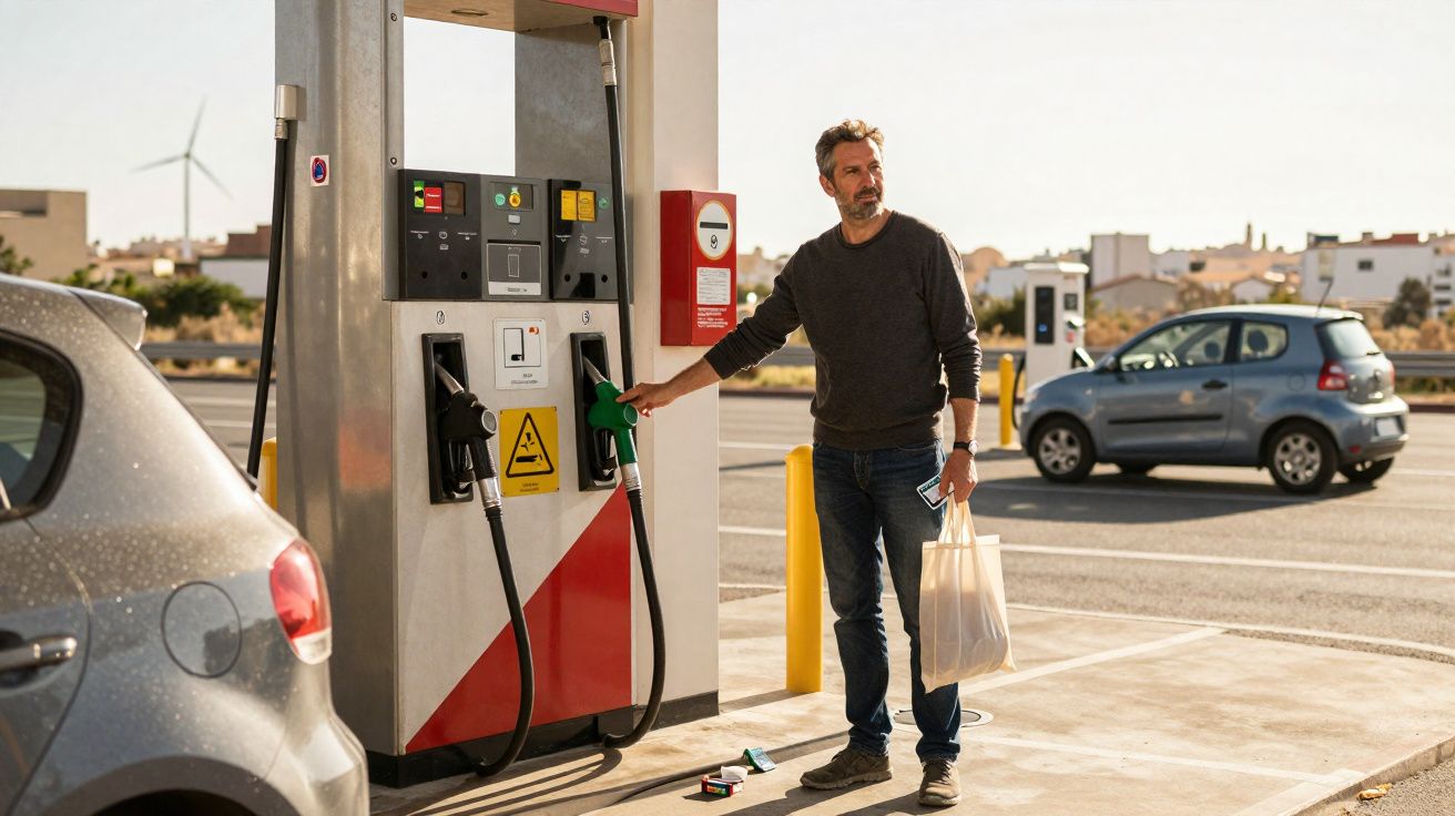 Homem com sacola plástica escolhe bomba para abastecer carro cinza em posto de combustível ao ar livre.