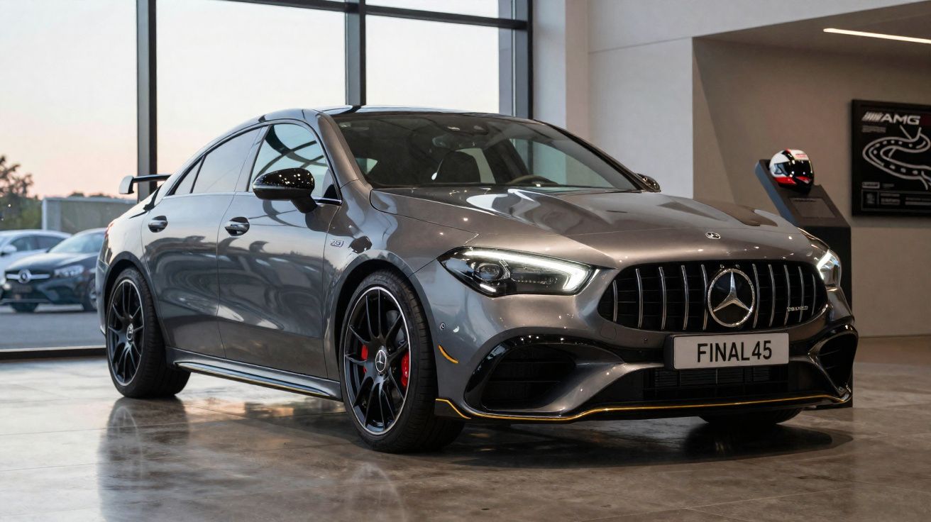 Carro Mercedes-Benz AMG cinza metálico em showroom com rodas pretas e detalhes em amarelo.