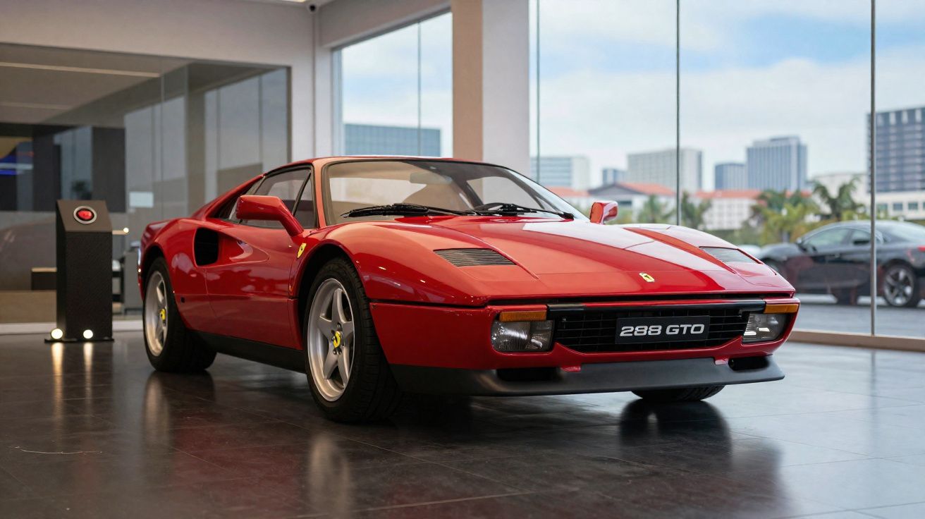 Carro esportivo vermelho Ferrari 288 GTO exibido em showroom moderno com grandes janelas de vidro.